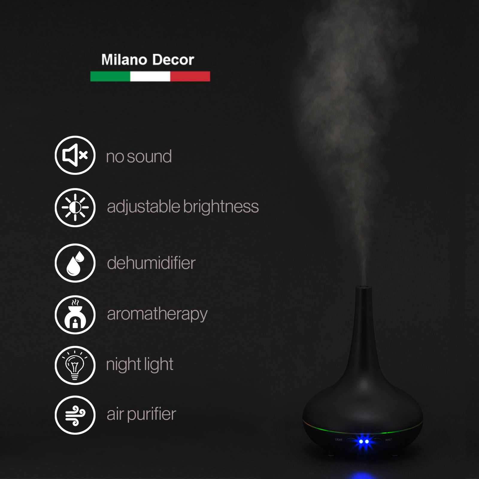 Milano Decor Ultrasonic Aroma Diffuser - Black Colour - Image 4