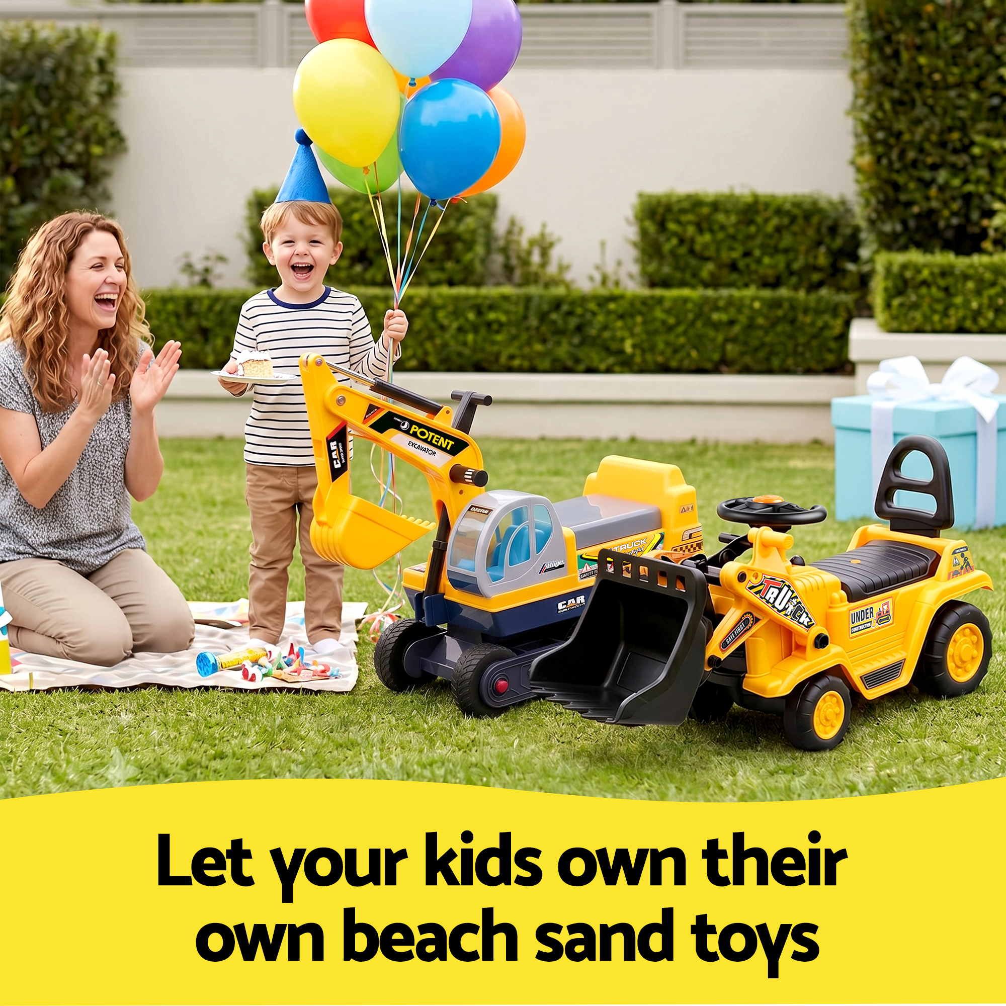 Keezi Kids Ride On Toy Car Bulldozer and Digger with Helmet Outdoor Sandpit Toys Yellow - Image 9