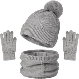 Women's 3-in-1 Winter Set - Hat + Scarf + Gloves - Thermal Reinforced Fleece Lining - Knit Beanie with Pom-Pom - Touchscreen Gloves - For Cold Winter Weather