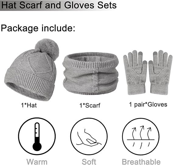 Women's 3-in-1 Winter Set - Hat + Scarf + Gloves - Thermal Reinforced Fleece Lining - Knit Beanie with Pom-Pom - Touchscreen Gloves - For Cold Winter Weather - Image 2