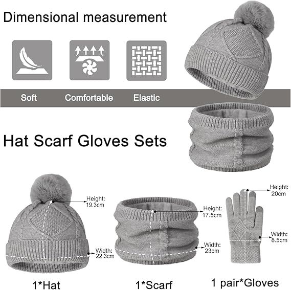 Women's 3-in-1 Winter Set - Hat + Scarf + Gloves - Thermal Reinforced Fleece Lining - Knit Beanie with Pom-Pom - Touchscreen Gloves - For Cold Winter Weather - Image 6