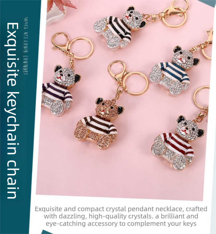 Rhinestone Crystal Bear Keychain, Sparkly Alloy Bag Charm and Cute Keyring, Black Stripe - Image 2