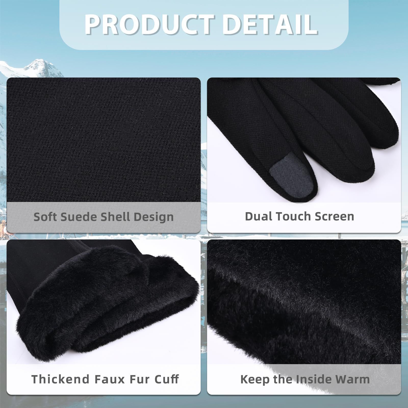 Women's Winter Touchscreen Gloves, Warm Velvet Lined Thickened Gloves, Black - Image 3