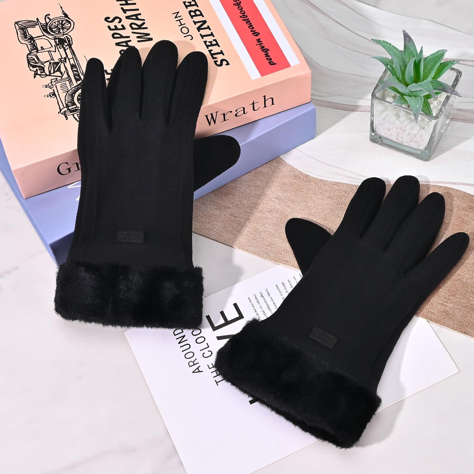 Women's Winter Touchscreen Gloves, Warm Velvet Lined Thickened Gloves, Black - Image 5