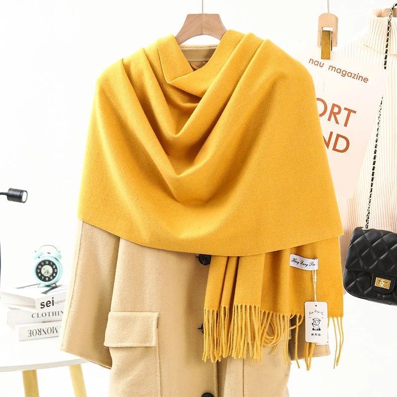 Thick Solid Color Scarf Wrap with Fringe, Soft Cashmere-Look Winter Shawl - Image 2