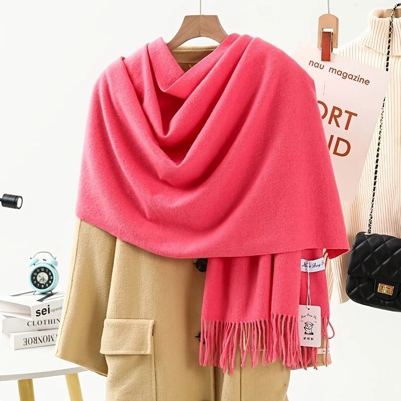 Thick Solid Color Scarf Wrap with Fringe, Soft Cashmere-Look Winter Shawl - Image 3