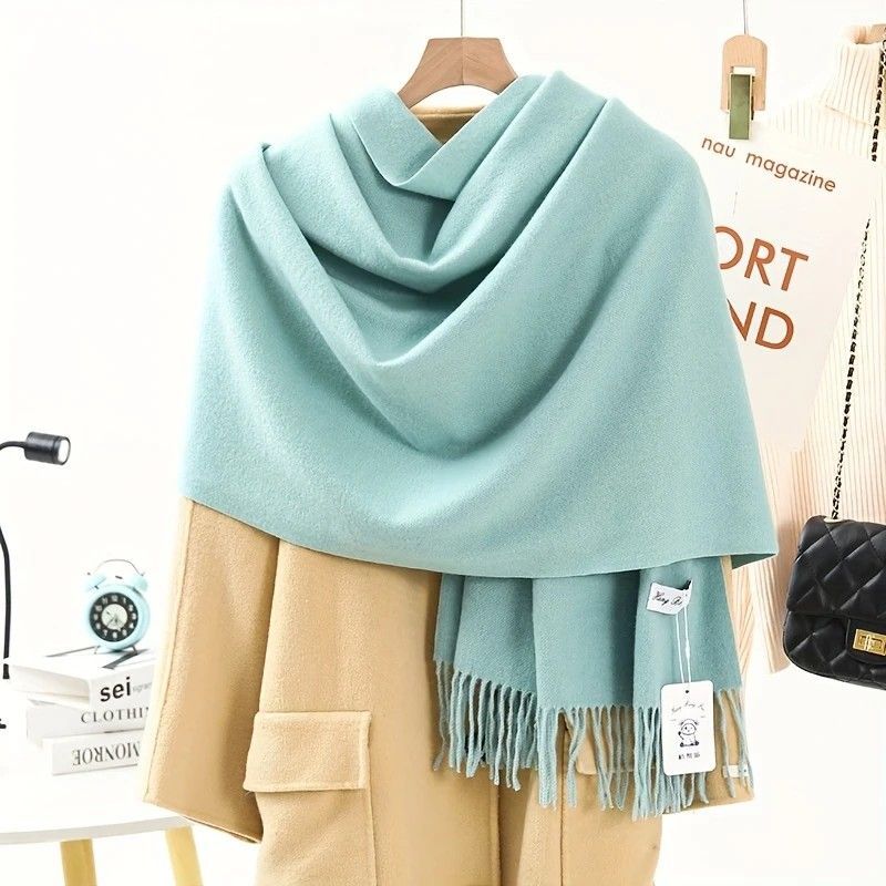 Thick Solid Color Scarf Wrap with Fringe, Soft Cashmere-Look Winter Shawl - Image 4