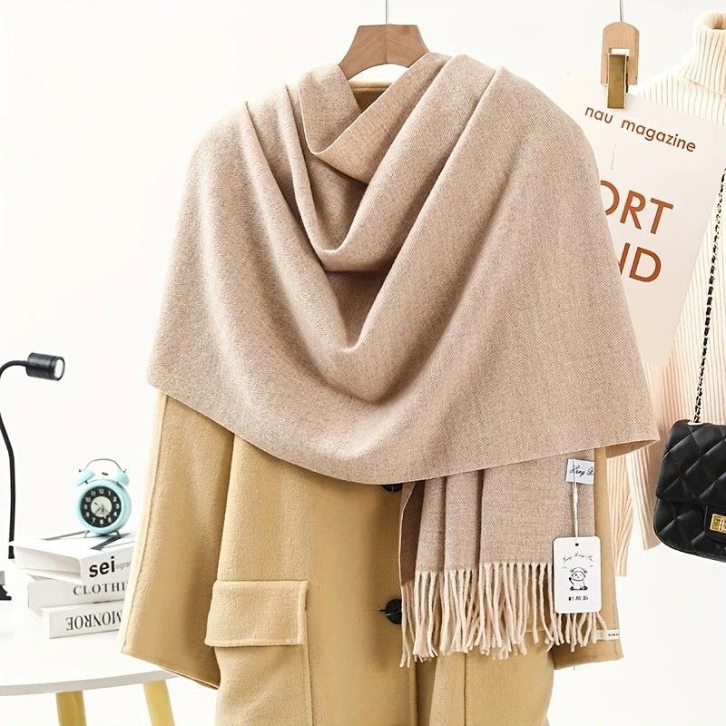 Thick Solid Color Scarf Wrap with Fringe, Soft Cashmere-Look Winter Shawl - Image 7