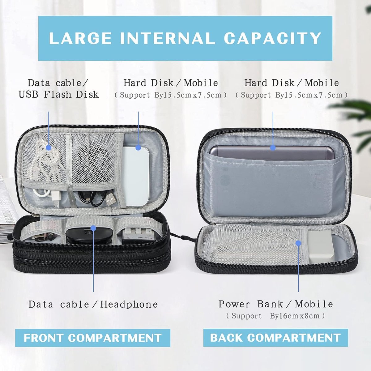 Cable Organizer Storage Bag 3 Layers - Cable Organizer Bag - Waterproof / Wear-Resistant - Cable Electronics Organizer - Cable Bag - Luxury Organizer For Cables And Accessories - Compact Cable Bag - Cable Organizer - Data Cable Organizer - Black - Travel - Image 5