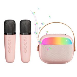 Mini Karaoke Machine with 2 Wireless Microphones Portable Bluetooth Speaker Singing Machine Pink