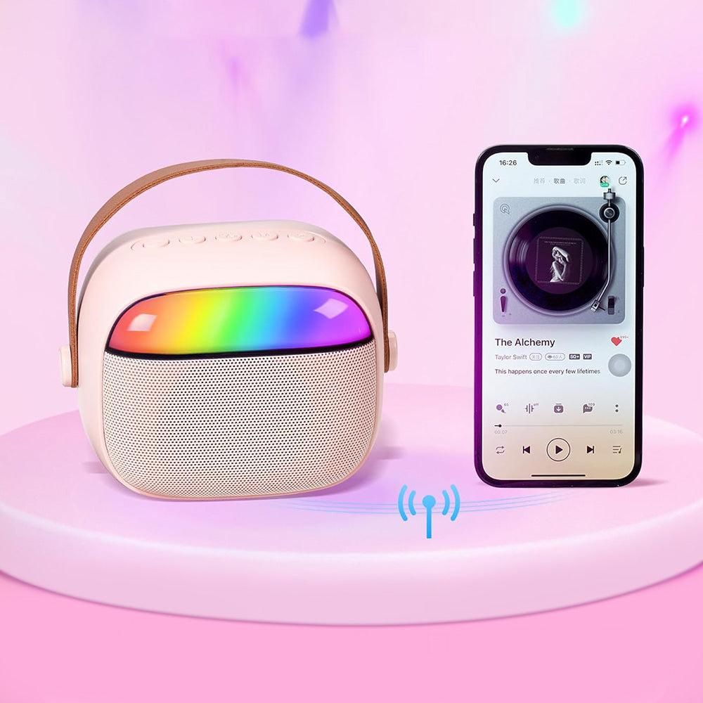 Mini Karaoke Machine with 2 Wireless Microphones Portable Bluetooth Speaker Singing Machine Pink - Image 4