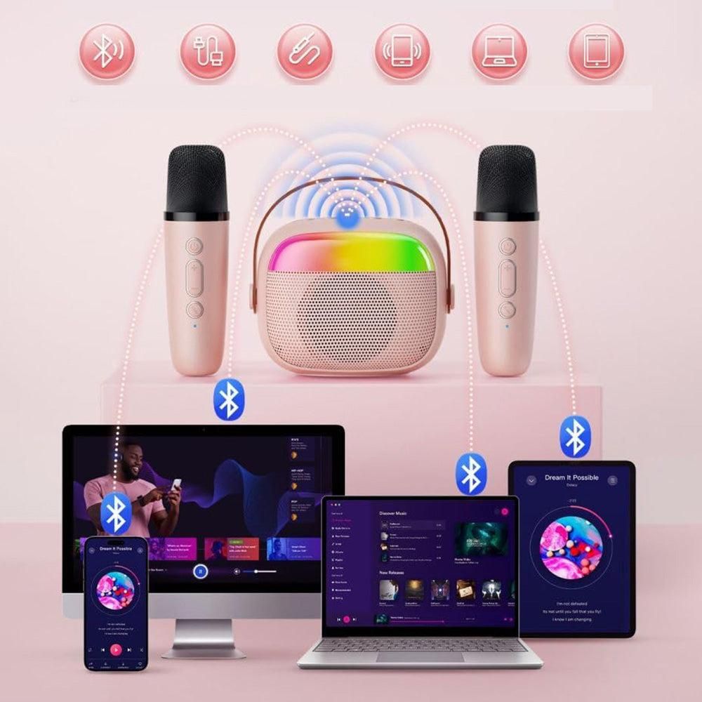 Mini Karaoke Machine with 2 Wireless Microphones Portable Bluetooth Speaker Singing Machine Pink - Image 5