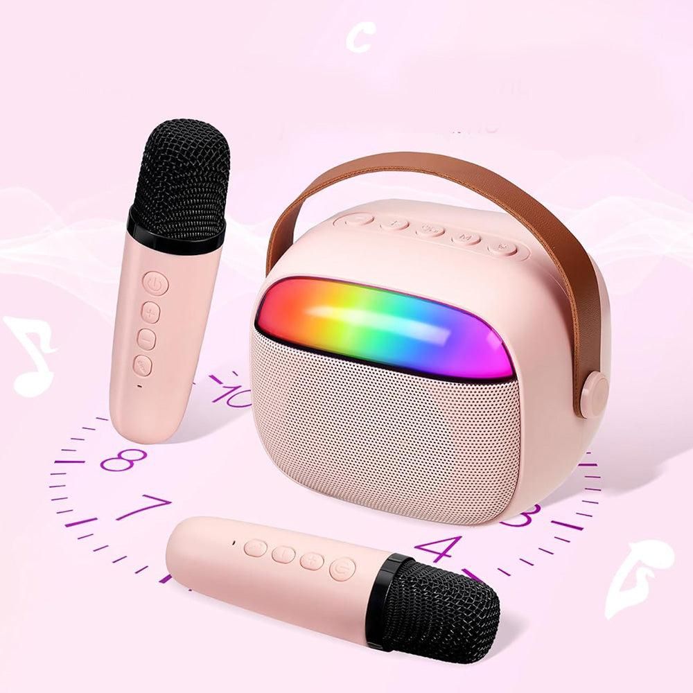 Mini Karaoke Machine with 2 Wireless Microphones Portable Bluetooth Speaker Singing Machine Pink - Image 6