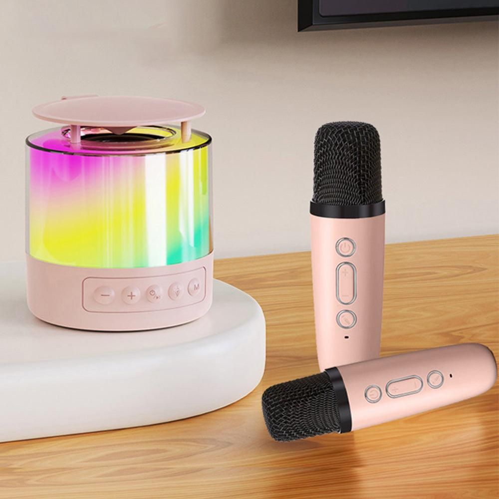 Bluetooth Karaoke Machine with 2 Wireless Microphones Mini Singing Speaker with Colorful Light Pink - Image 3