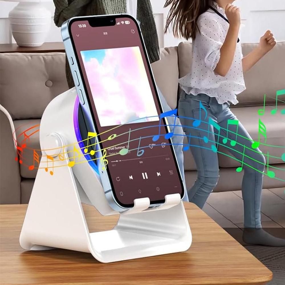 4 in 1 Wireless Induction Speaker Bluetooth Speaker with 360 Adjustable Phone Holder - White - Image 6