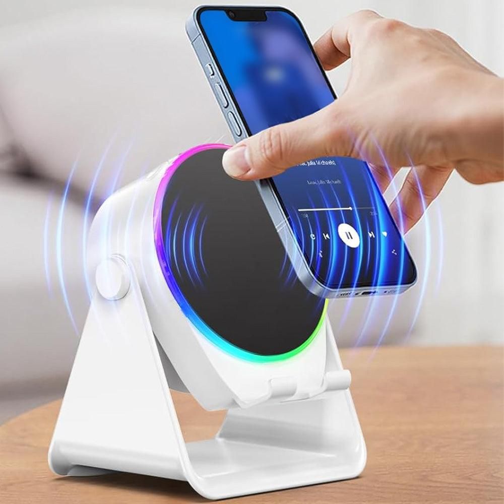 4 in 1 Wireless Induction Speaker Bluetooth Speaker with 360 Adjustable Phone Holder - White - Image 9