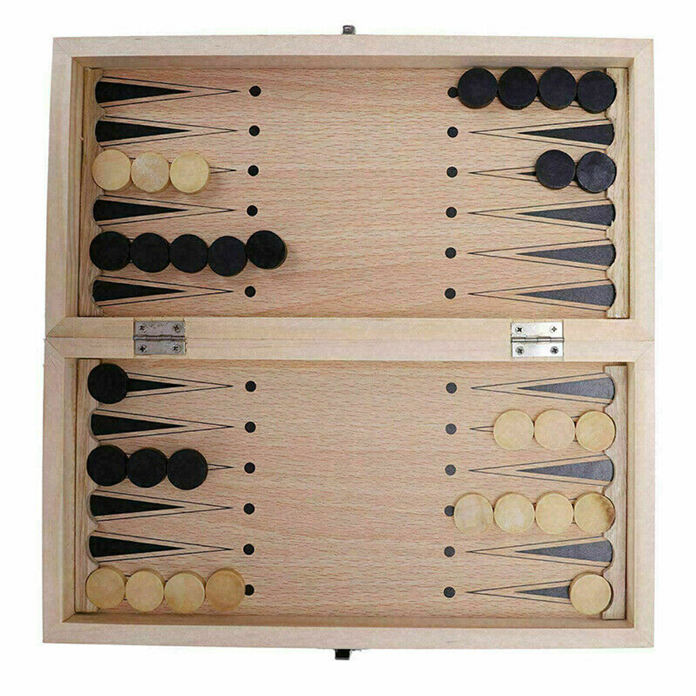 3 IN 1 Wooden Chess Set Folding Chessboard Wood Pieces Draughts Backgammon Toy - Image 4