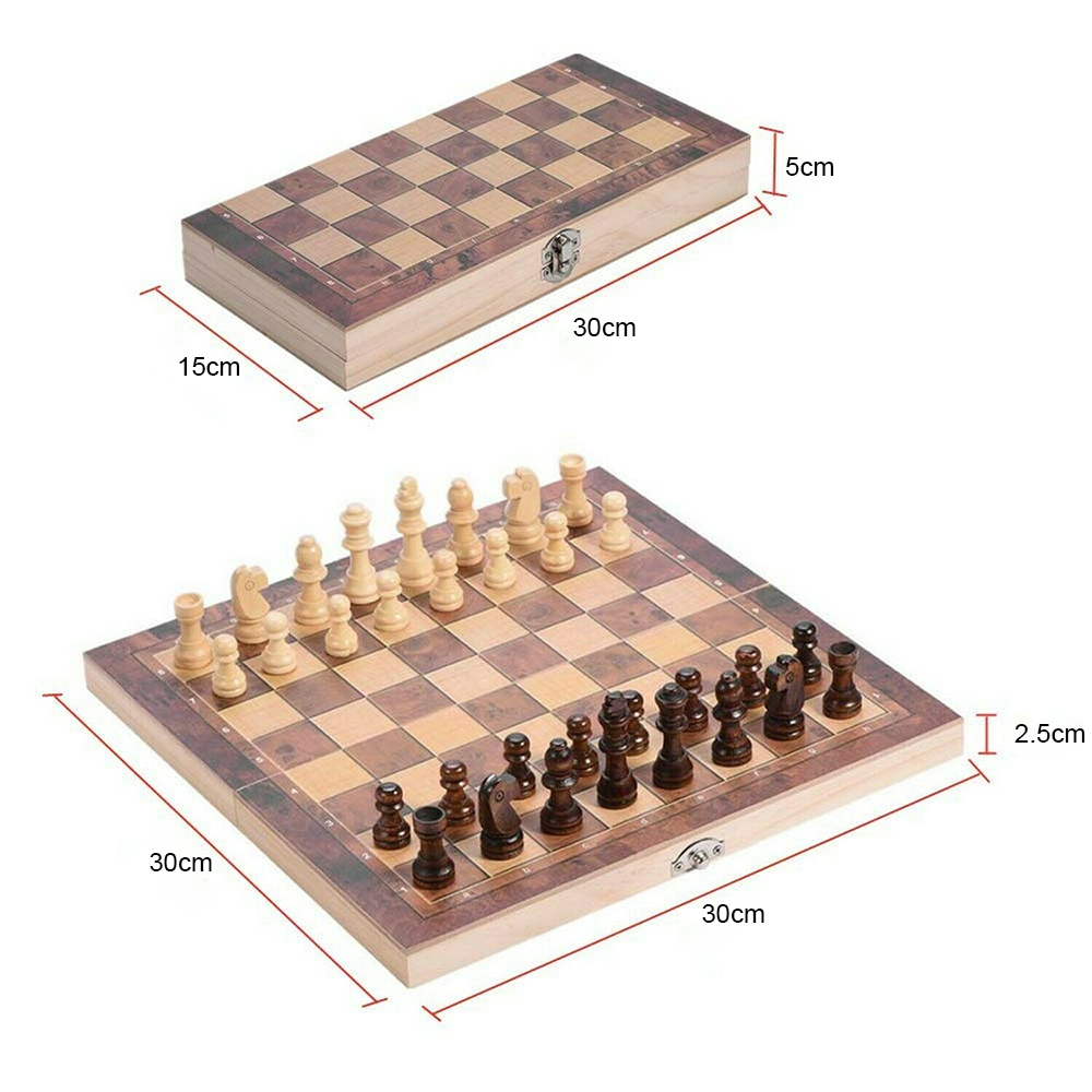 3 IN 1 Wooden Chess Set Folding Chessboard Wood Pieces Draughts Backgammon Toy - Image 7