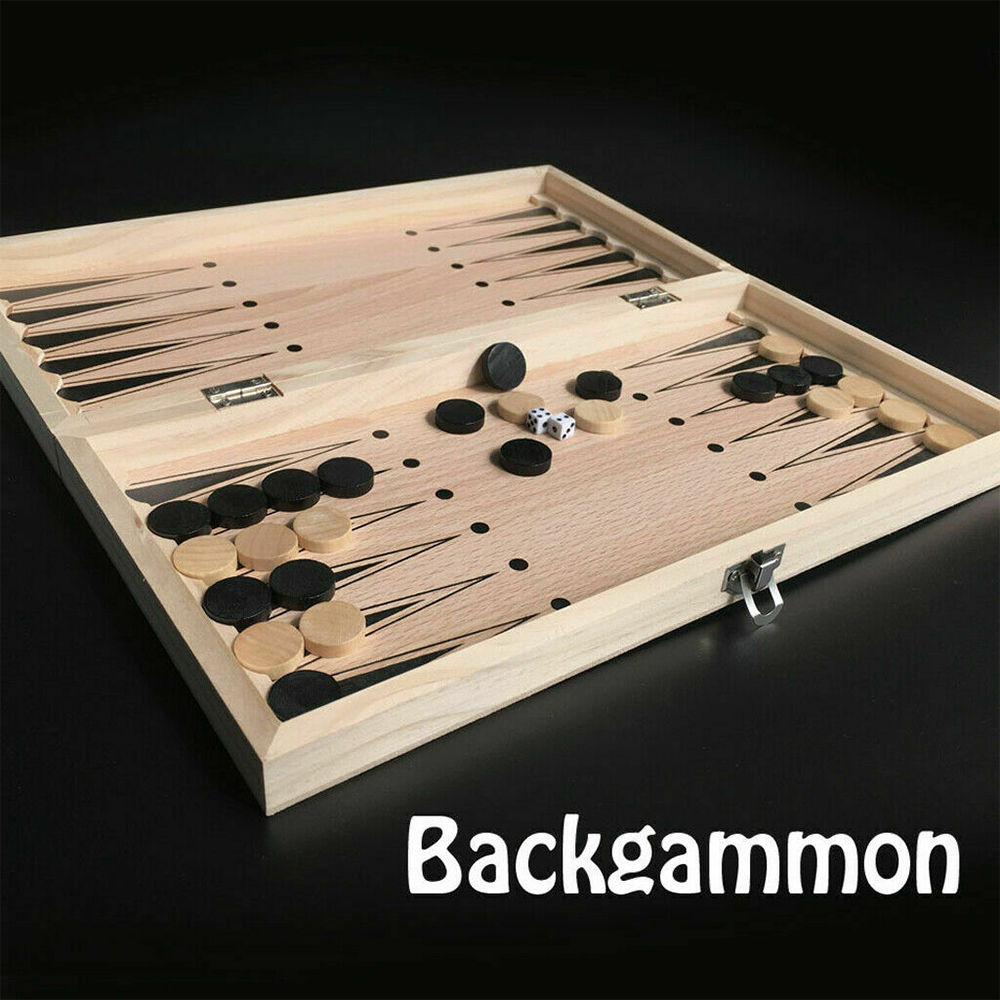 3 IN 1 Wooden Chess Set Folding Chessboard Wood Pieces Draughts Backgammon Toy - Image 8