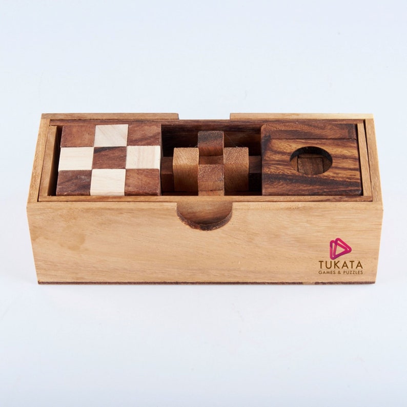 3 individual brainteaser wooden puzzles in a gift wooden box - Image 2