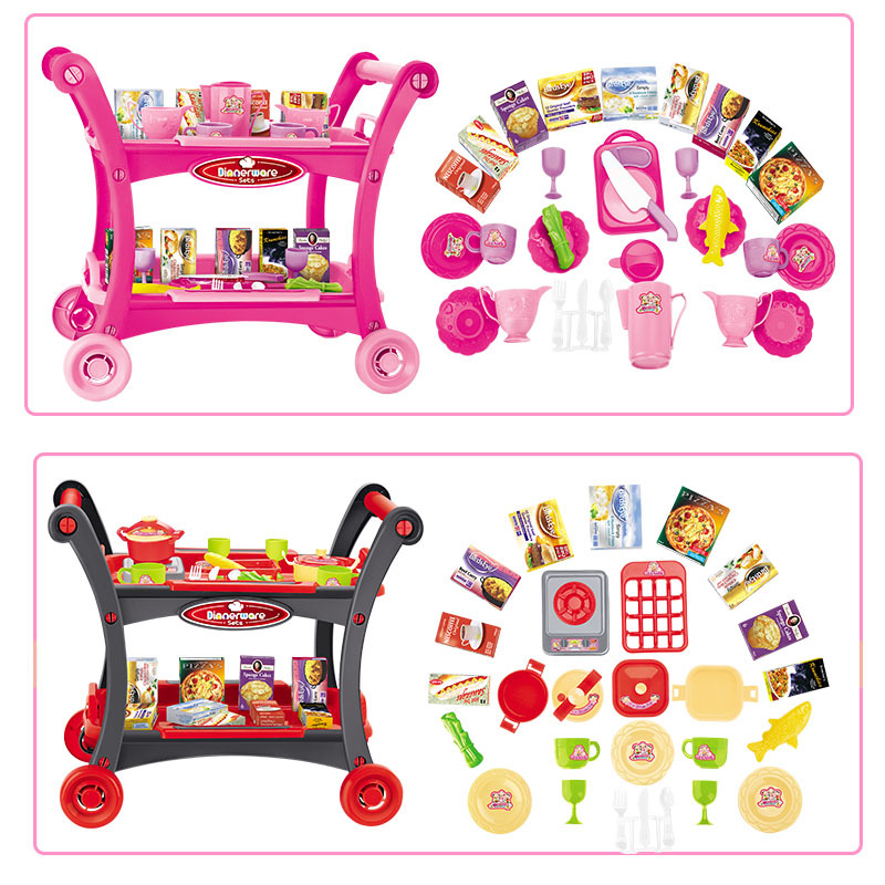 Pink Children's Pretend Play Kitchen Cart Set with Toys - Roleplay Cooking Set with Accessories - Educational Toy for Kids - Image 3