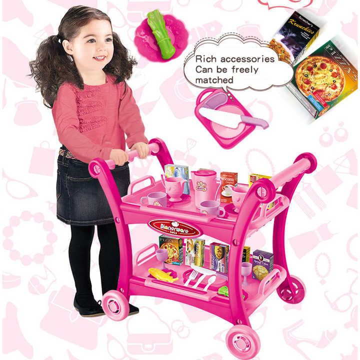 Pink Children's Pretend Play Kitchen Cart Set with Toys - Roleplay Cooking Set with Accessories - Educational Toy for Kids - Image 4