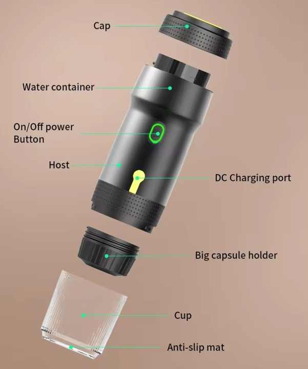 Black 3-in-1 Portable Electric Espresso Maker - Rechargeable Travel Coffee Machine for Capsules & Ground Coffee - Image 6