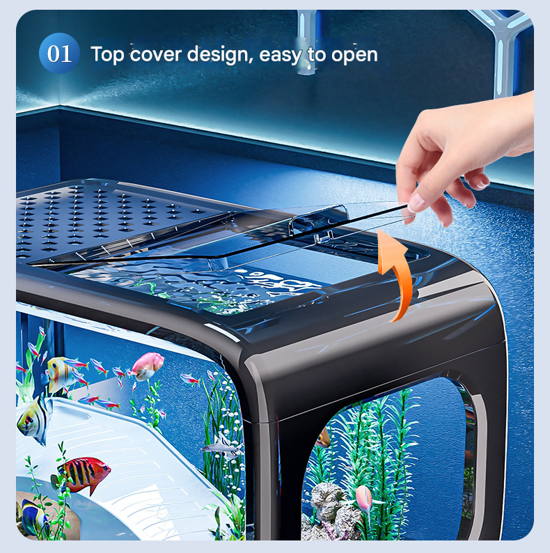 Black Modern Desktop Aquarium & Turtle Tank - Panoramic Viewing Fish Tank with Basking Platform & Lid - Image 3