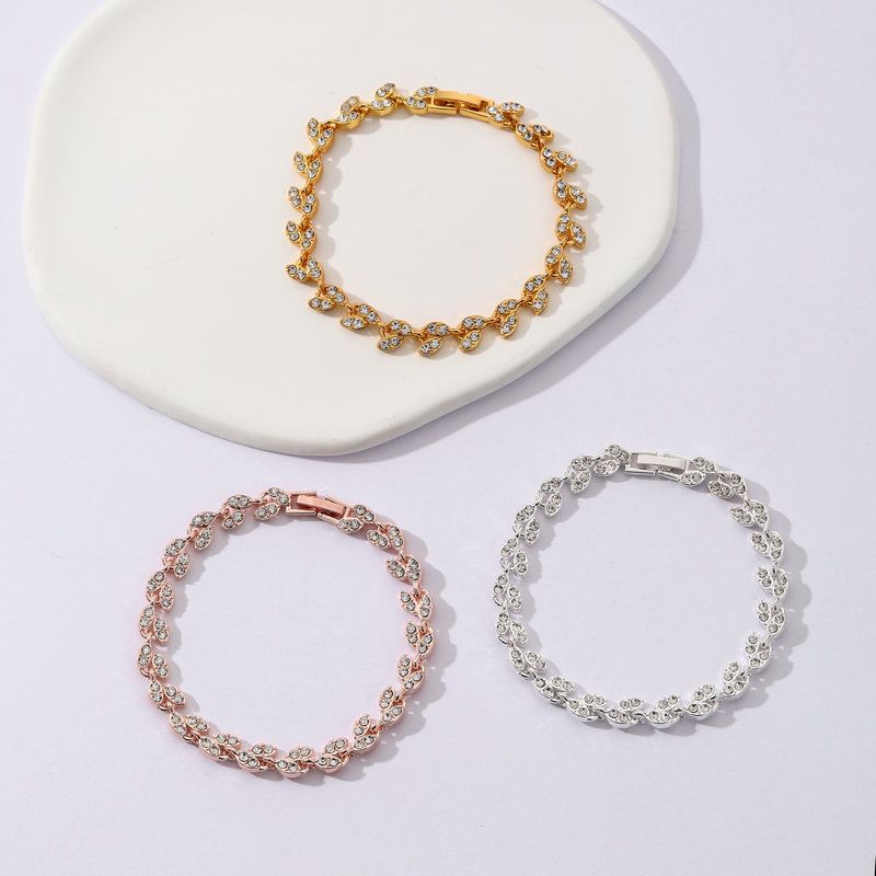 3 Pack Silver Gold and Rose Gold Women's Crystal Leaf Bracelets with Gift Box – Elegant Rhinestone Alloy Link Bracelet, Minimalist Fashion Jewelry Gift for Women - Image 2