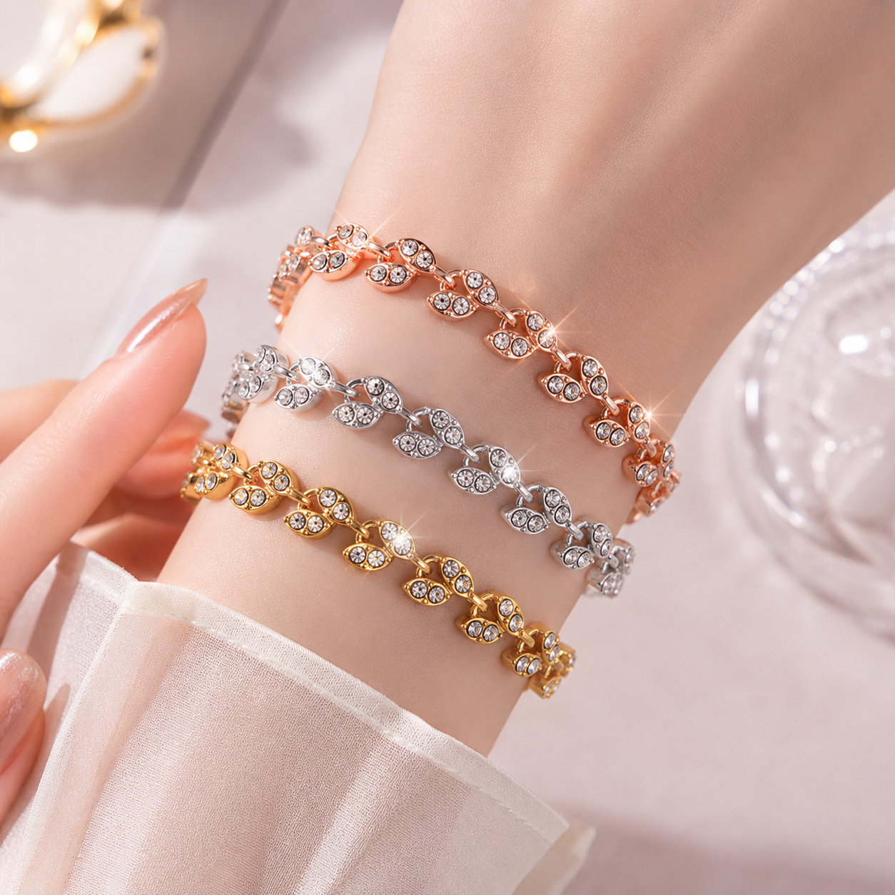 3 Pack Silver Gold and Rose Gold Women's Crystal Leaf Bracelets with Gift Box – Elegant Rhinestone Alloy Link Bracelet, Minimalist Fashion Jewelry Gift for Women - Image 3