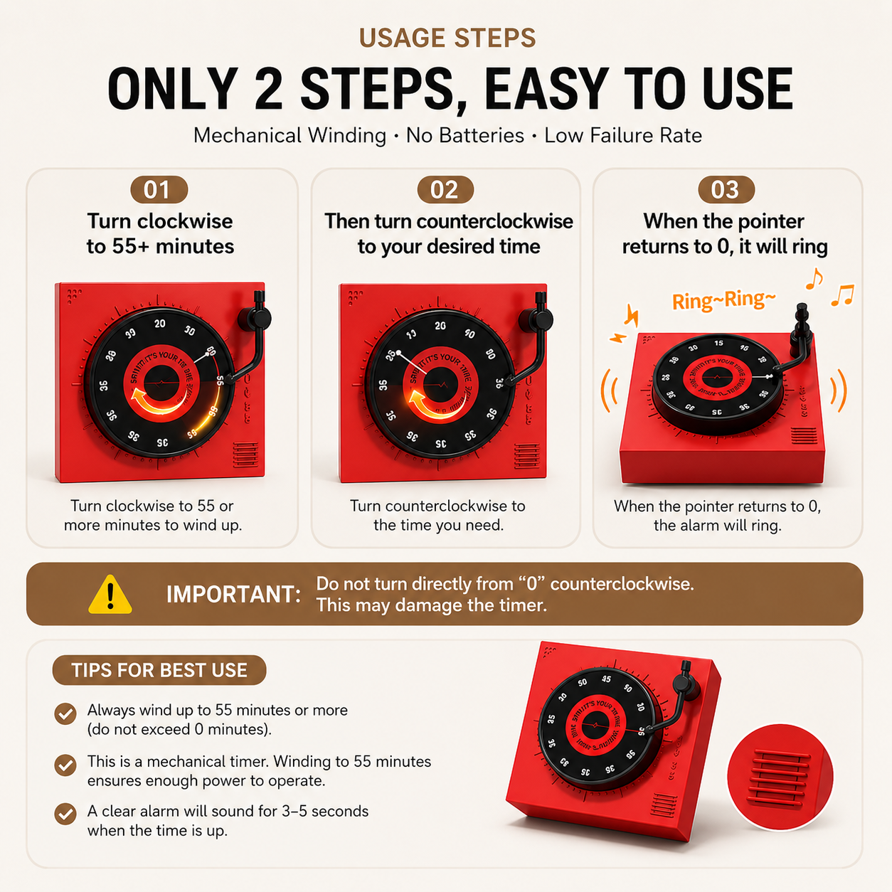 Red Record Player Mechanical Timer Magnet Timer for Study, Productivity and Time Management, Wind-Up Countdown Alarm, No Battery Required, Pomodoro Timer - Image 4