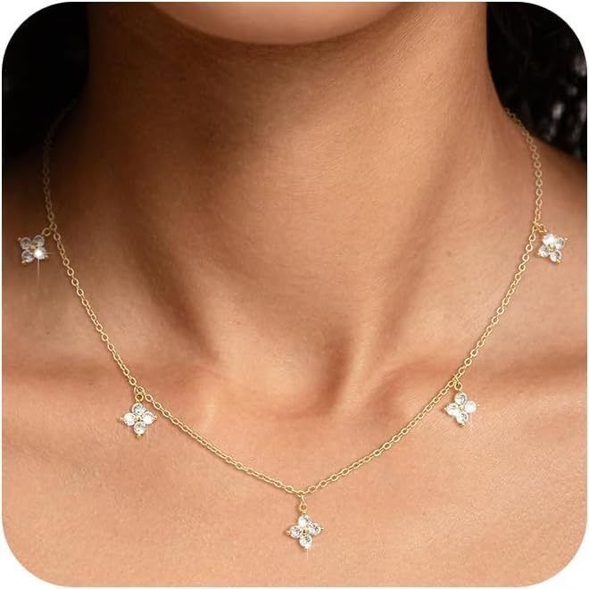 Gold Four Leaf Clover Pendant Necklace with Gift Box Gold Tone Cubic Zirconia Charm Necklace Adjustable Chain Dainty Everyday Jewellery Gift for Women - Image 3