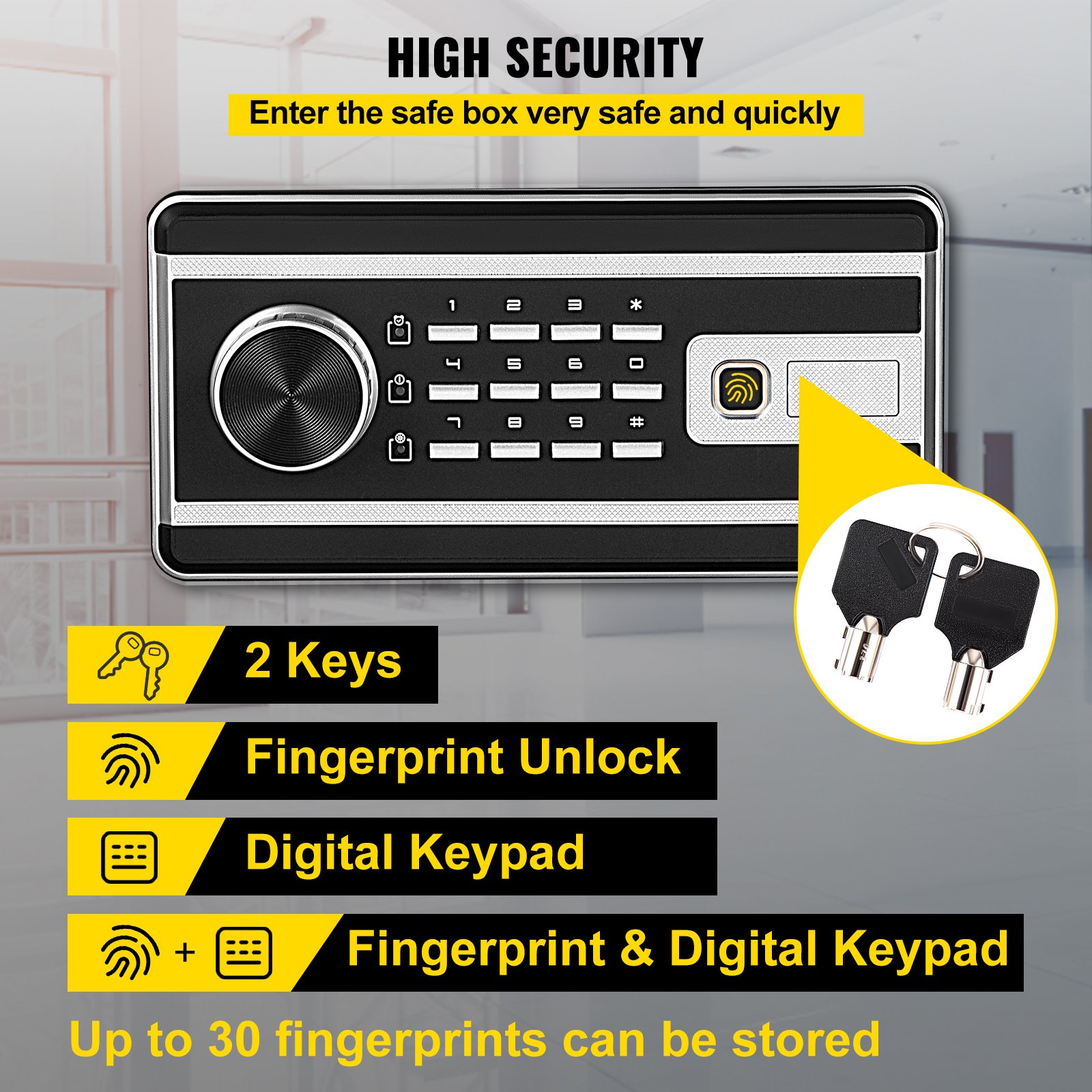 Safe Box, 0.8 CU.FT Fingerprint Safe Box for Money w/ 2 Keys & Digital Keypad, Q235 Steel Safe Box for Storing Cash, Jewelry, Pistols, Documents, Watches in Home & Office & Hotel - Image 3