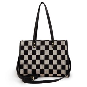 Stylish Black Khaki Checkerboard Tote Bag Large Capacity Women’s Shoulder Handbag for Work & Daily Use