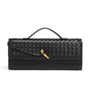 Black Woven Leather Handbag with Gold-Tone Lock