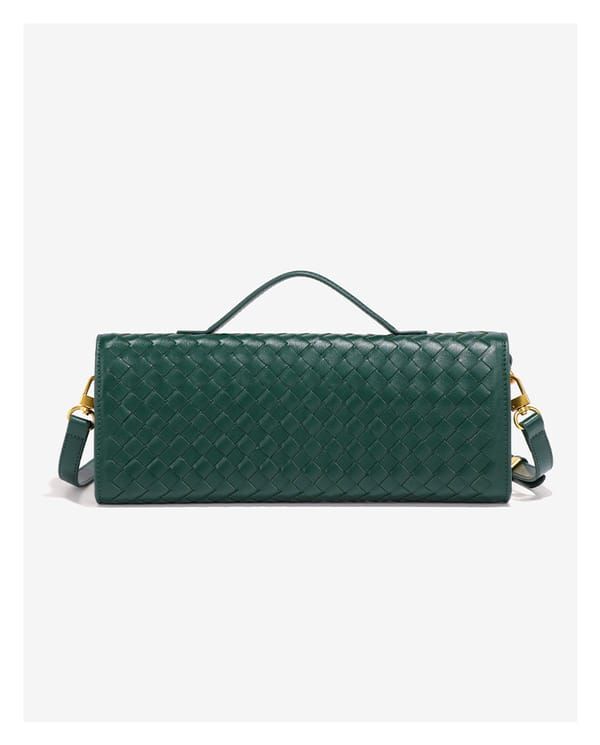 Black Woven Leather Handbag with Gold-Tone Lock - Image 5