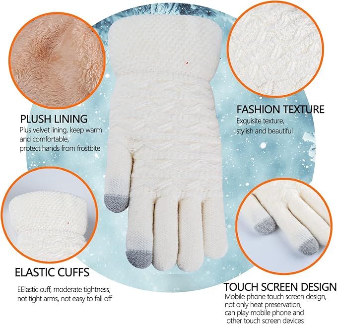 Womens Touchscreen Winter Gloves Thermal Knitted Fleece Lined White - Image 2