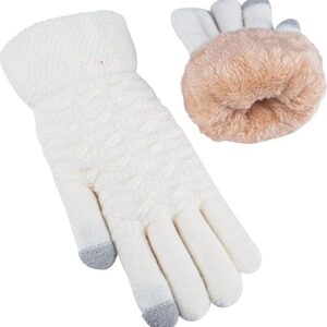 White Thermal Knitted Wool Touchscreen Mittens for Women with Fleece Lining, Thumb and Index Finger Compatibility for Smartphone and Tablet Use in Winter
