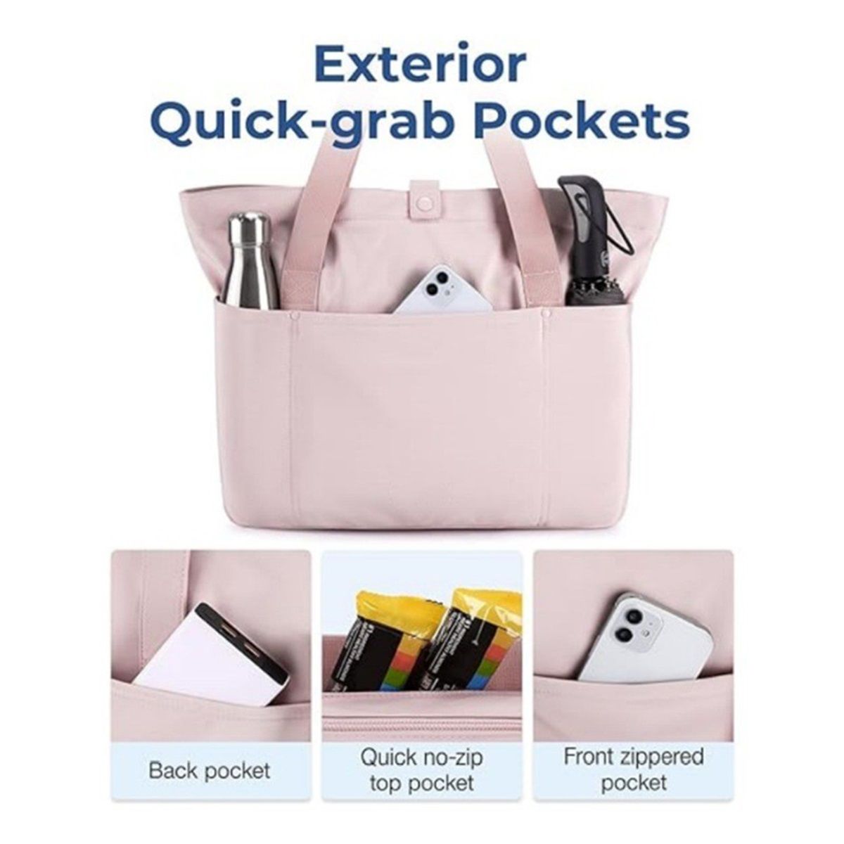 Tote Bag for Women, Foldable Tote Bag With Zipper Travel Large Shoulder Bag Handbag for Work-12.6*19.2*6'' - Image 3