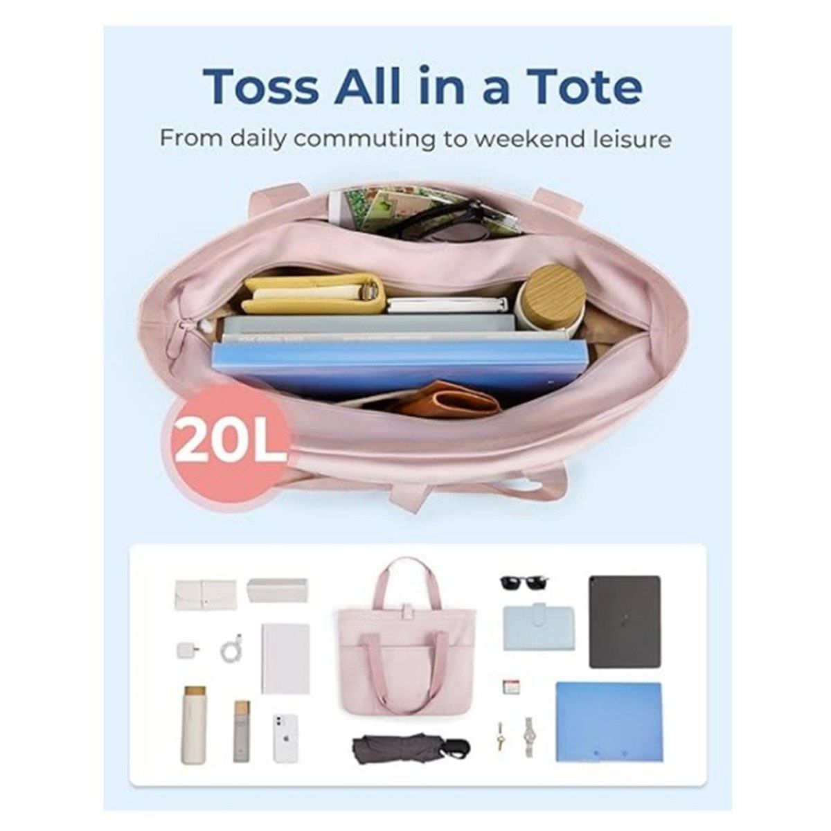 Tote Bag for Women, Foldable Tote Bag With Zipper Travel Large Shoulder Bag Handbag for Work-12.6*19.2*6'' - Image 4