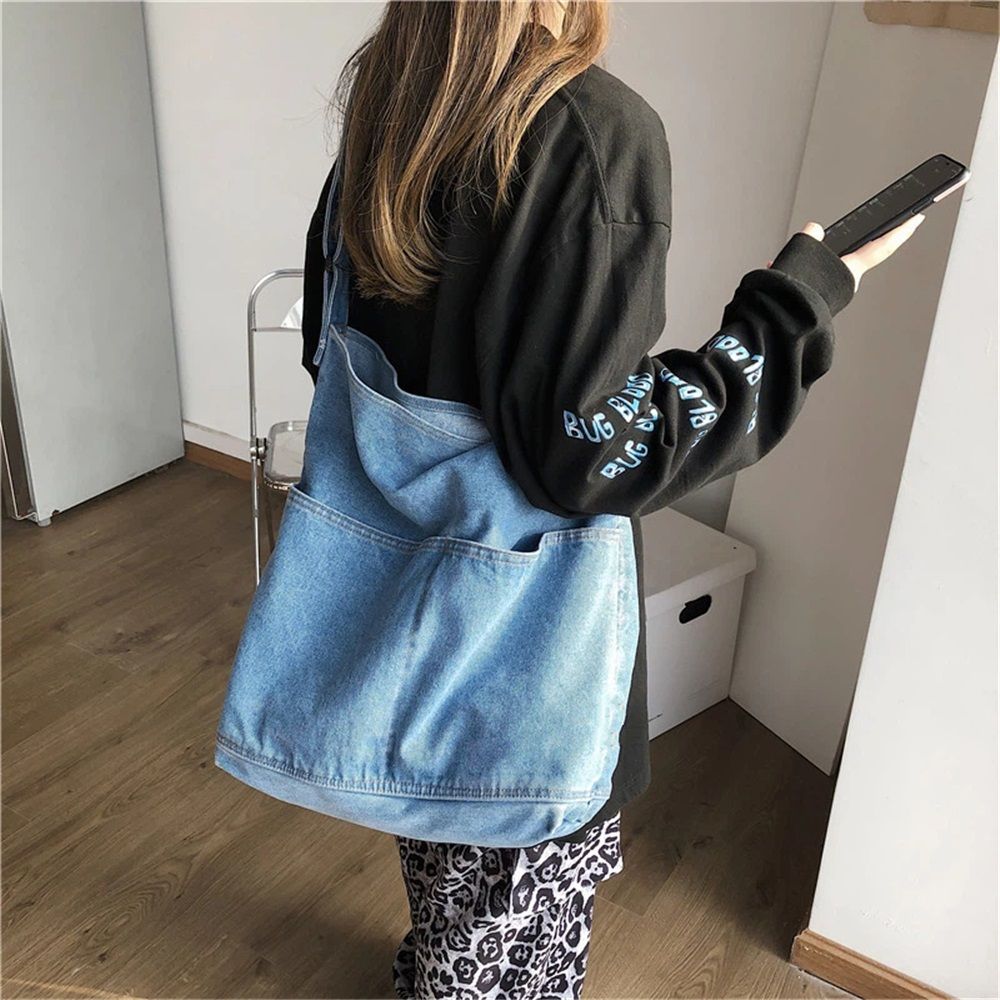 Denim Shoulder Bag Casual Tote Bag Large Handbag Jean Purse for Women,Casual Retro Aesthetic Crossbody Bag Handbag - Image 4