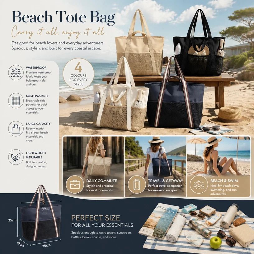Beige & Solid Black Outdoor Travel Beach Handbag Twin Pack - Image 2