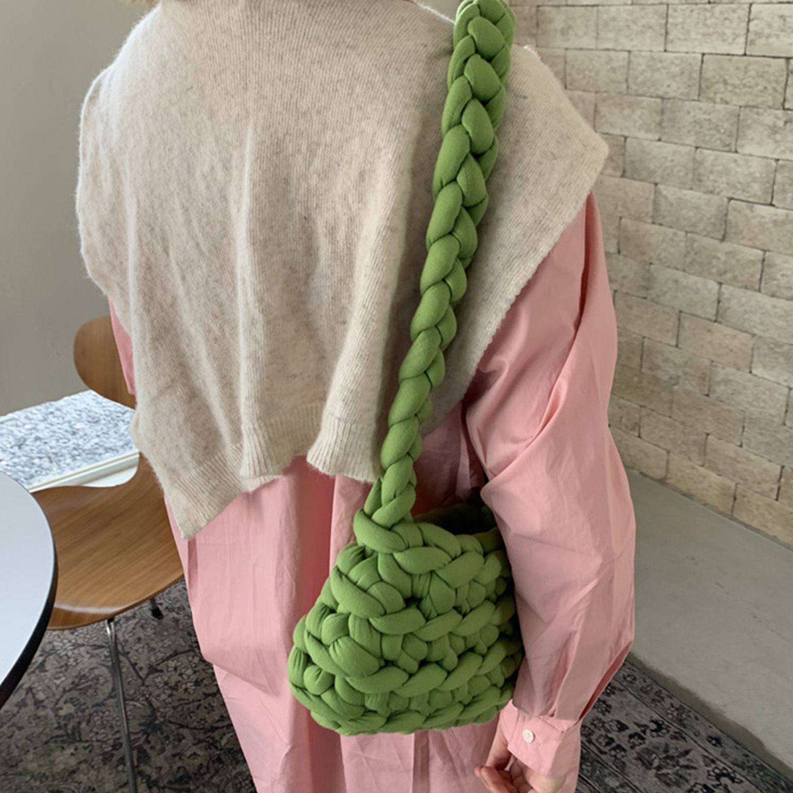 Wool Tote Purse Bag Cute Exquisite Hand Woven Fine Workmanship Wool Shoulder Bag for Daily Life Green - Image 5