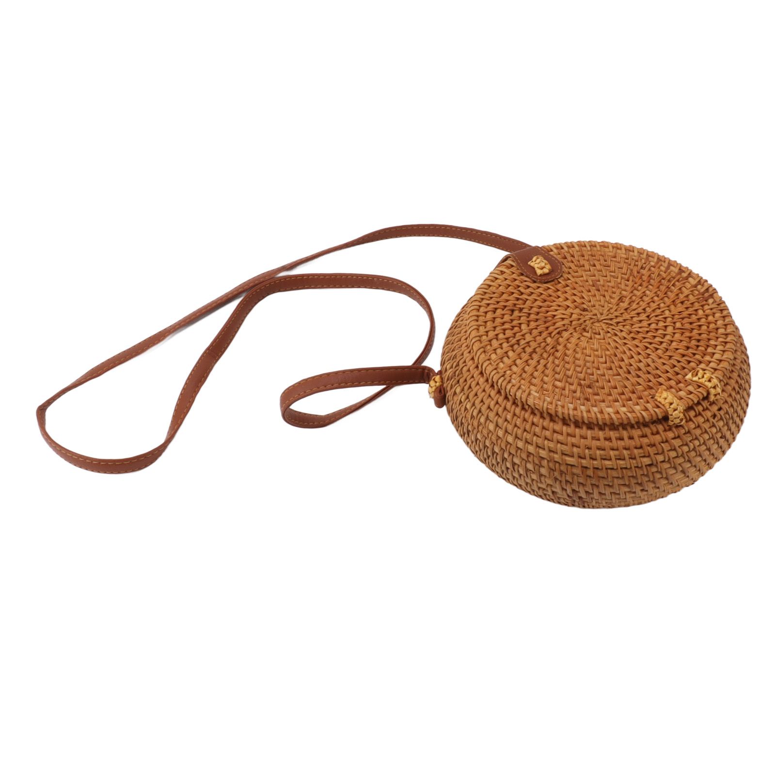 Handwoven Round Rattan Bag Tropical Beach Style Woven Shoulder Rattan Bag with Leather Strap 20cm Diameter Natural Color Oval with Lining - Image 3
