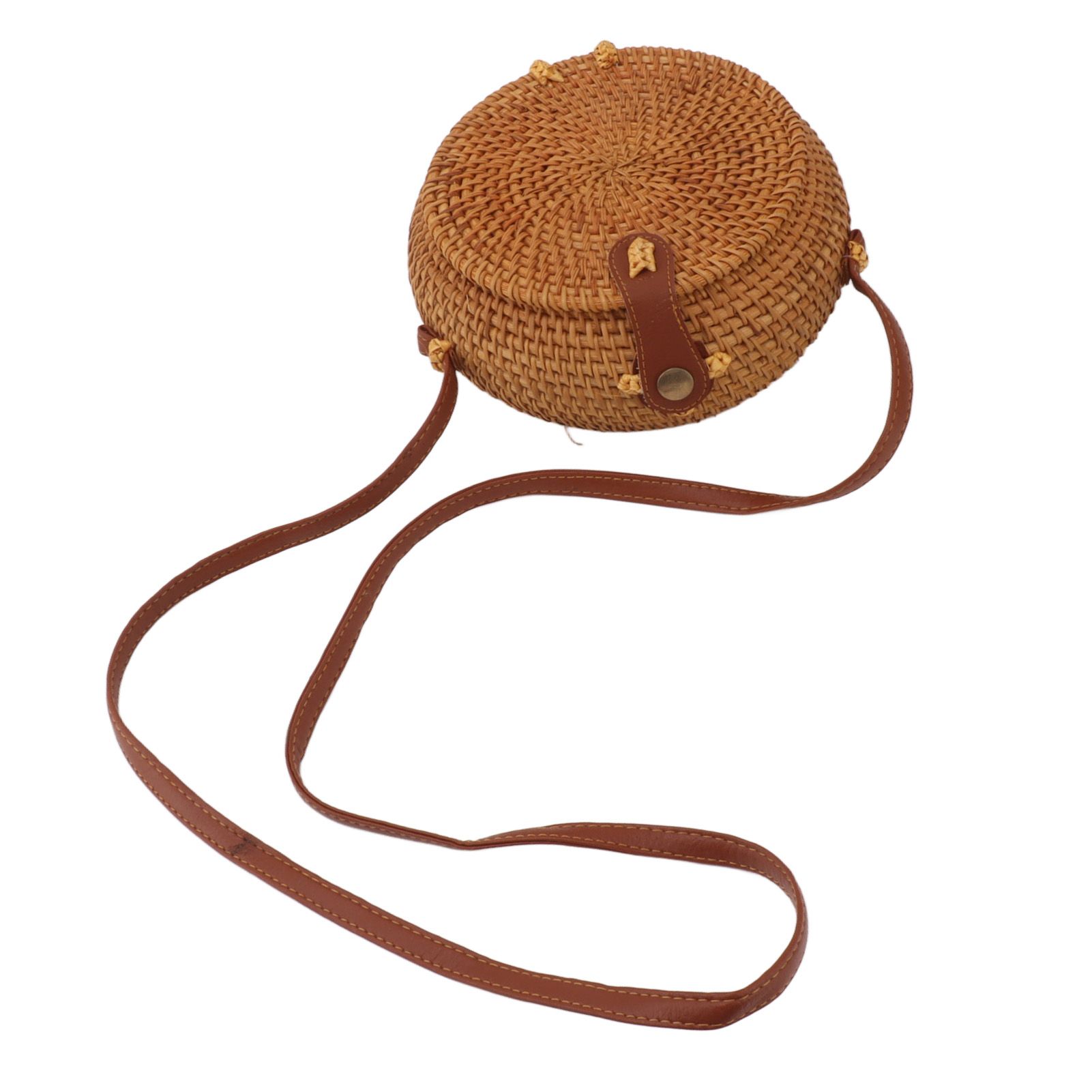 Handwoven Round Rattan Bag Tropical Beach Style Woven Shoulder Rattan Bag with Leather Strap 20cm Diameter Natural Color Oval with Lining - Image 4