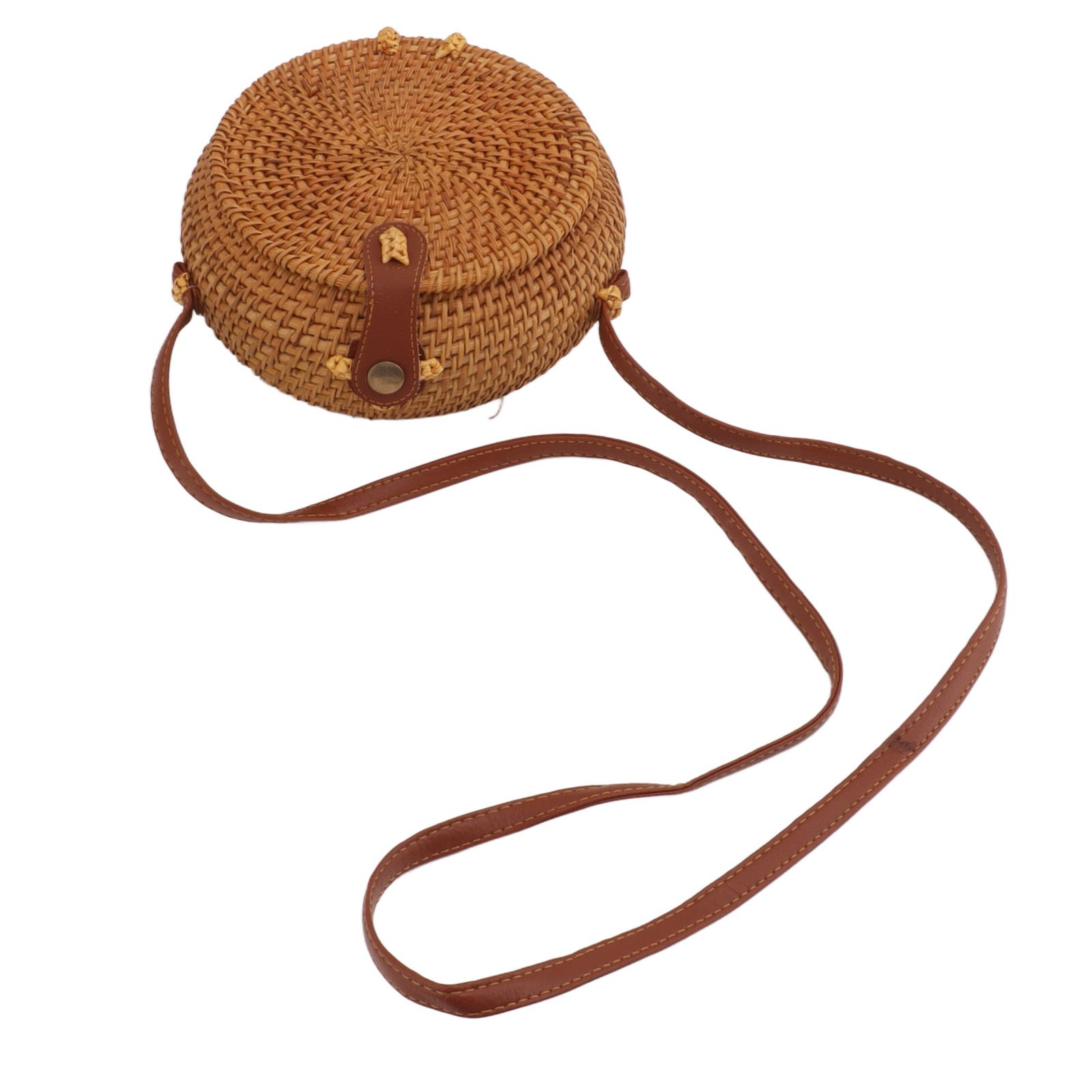 Handwoven Round Rattan Bag Tropical Beach Style Woven Shoulder Rattan Bag with Leather Strap 20cm Diameter Natural Color Oval with Lining - Image 5