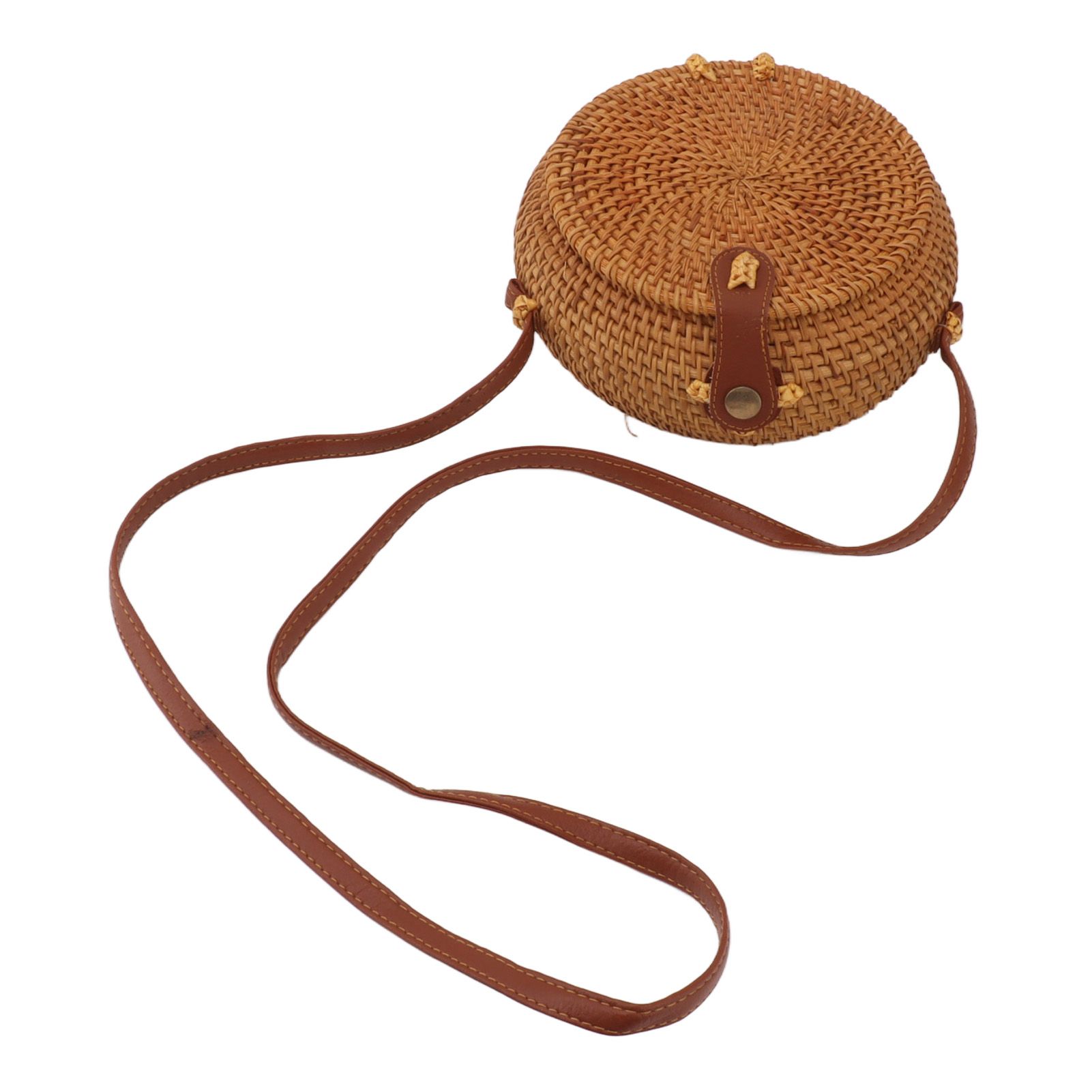 Handwoven Round Rattan Bag Tropical Beach Style Woven Shoulder Rattan Bag with Leather Strap 20cm Diameter Natural Color Oval with Lining - Image 6