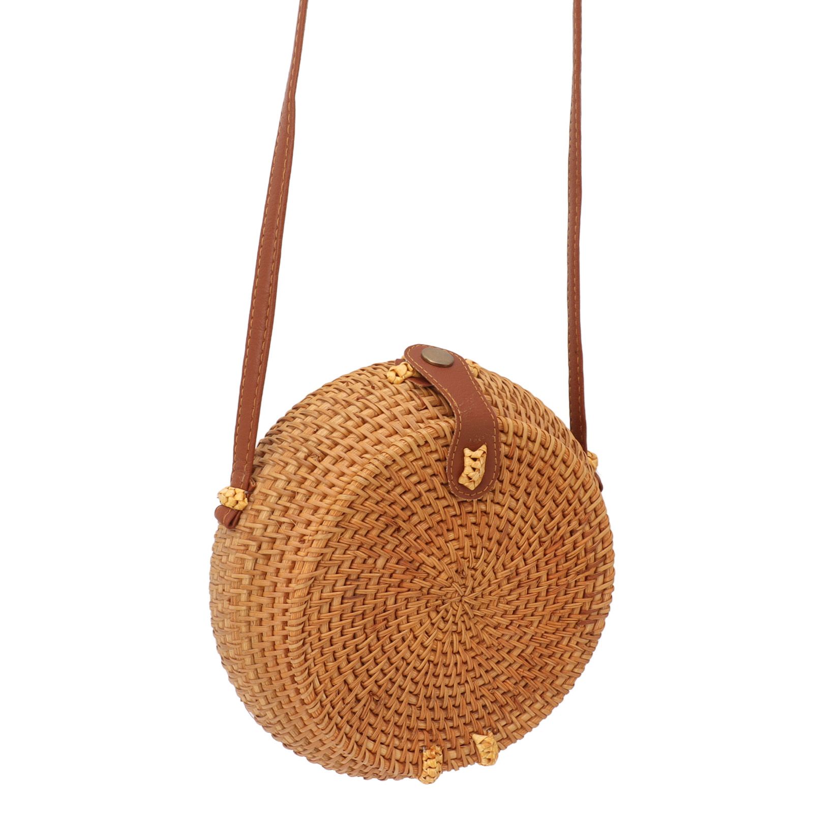 Handwoven Round Rattan Bag Tropical Beach Style Woven Shoulder Rattan Bag with Leather Strap 20cm Diameter Natural Color Oval with Lining - Image 8