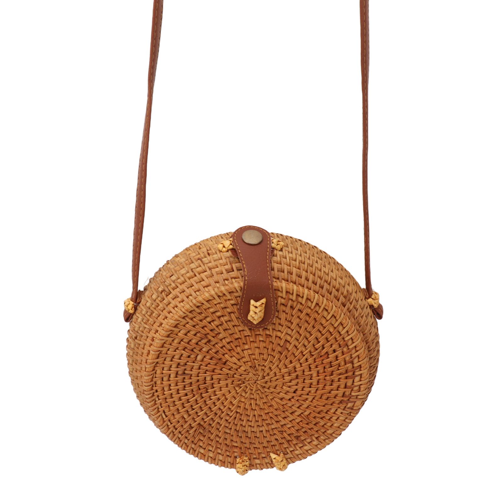 Handwoven Round Rattan Bag Tropical Beach Style Woven Shoulder Rattan Bag with Leather Strap 20cm Diameter Natural Color Oval with Lining - Image 9