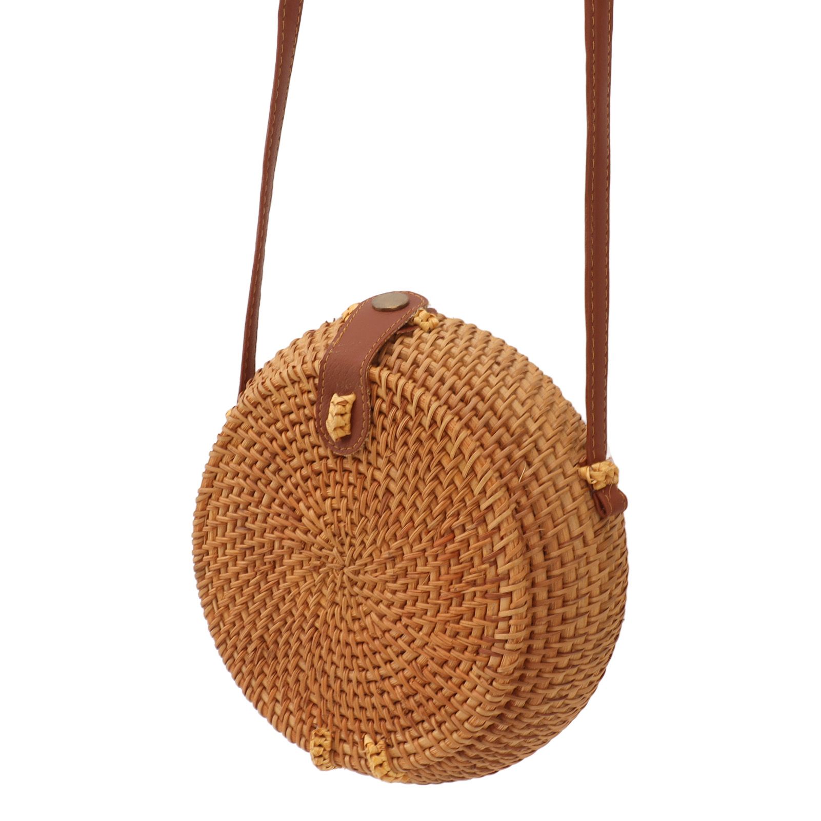 Handwoven Round Rattan Bag Tropical Beach Style Woven Shoulder Rattan Bag with Leather Strap 20cm Diameter Natural Color Oval with Lining - Image 10